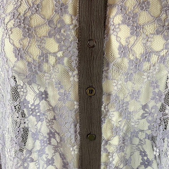 NWOT POL Gray Lavender Sheer Lace Romantic Blouse top shirt button up oversized - Picture 7 of 17
